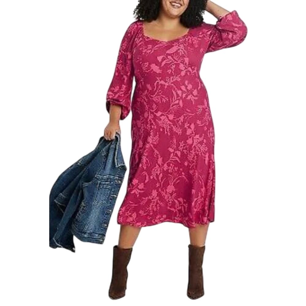 Ava & Viv Pink Floral Rayon Midi Dress, Long Sleeve Cottagecore, Plus Size 1X